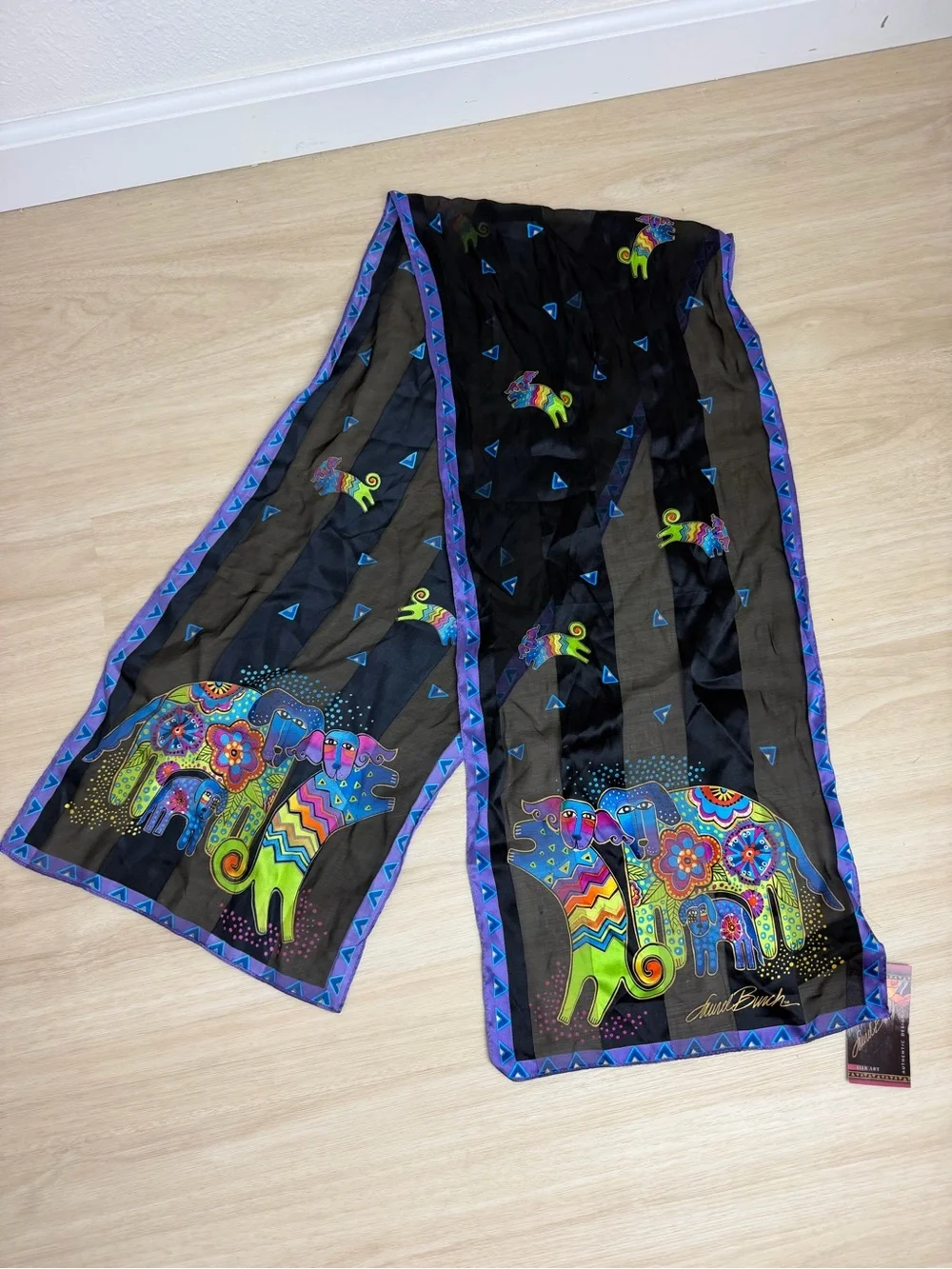 Vintage Y2K Deadstock NWT Laurel Burch 100% Silk Colorful Whimsical Dog Scarf